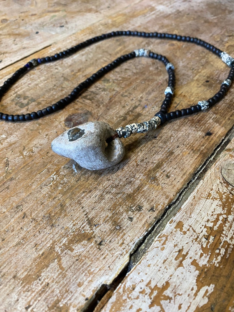 Bespoke Handmade Free Spirit Jewellery BohemianHippie style One of a kind TRENDYBEGGARz Hag Stone Pendant Wooden Beaded Necklace