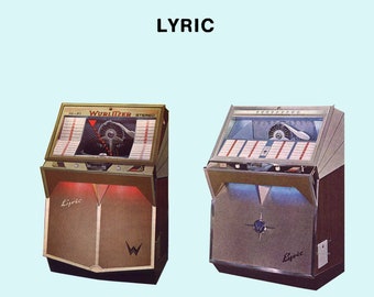 May include: Two vintage Wurlitzer Lyric jukeboxes, one in brown and one in silver, with the Wurlitzer logo and the word "Lyric" on the front. The jukeboxes are both in a light blue background. The text "SERVICE MANUAL - PARTS CATALOG" is at the bottom of the image.