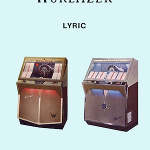 Puede incluir: Dos jukeboxes Wurlitzer Lyric vintage, uno en marrón y otro en plata, con el logotipo de Wurlitzer y la palabra "Lyric" en la parte delantera. Los jukeboxes están ambos en un fondo azul claro. El texto "SERVICE MANUAL - PARTS CATALOG" está en la parte inferior de la imagen.
