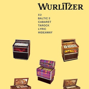 Puede incluir: Manual de servicio Wurlitzer para los modelos de jukeboxes X2, Baltic 2, Cabaret, Tarock, Lyric y Hideaway. El manual es de 1976 y presenta imágenes de los diferentes modelos.
