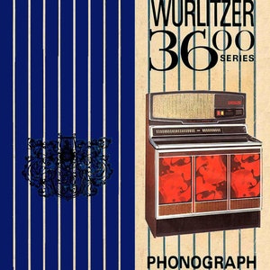Peut inclure: Manuel d'entretien d'un phonographe Wurlitzer série 3600 vintage avec une couverture rayée bleu et blanc et une photo du phonographe sur la face avant. Le phonographe est brun avec des accents rouges et blancs.
