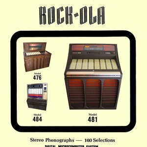 May include: A service manual and parts catalogue for Rock-Ola stereo phonographs with a digital microcomputer system. The manual includes images of three models: 476, 481, and 484.