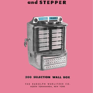 May include: A vintage silver Wurlitzer Model 5210 wall box and stepper jukebox with a black and white selection panel. The jukebox has a black and white sign that reads "SPLAY QUARTER PLAT IR CENTS" and "SELECT". The jukebox has a 200 selection wall box and is made by The Rudolph Wurlitzer Co. in North Tonawanda, New York.