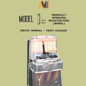 Puede incluir: Un tocadiscos vintage AMI modelo 200 con un panel frontal rojo y blanco y una base negra y plateada. El tocadiscos es un modelo de selector de disco (rueda) operado manualmente. El texto "AMI" está impreso en naranja en el panel frontal.