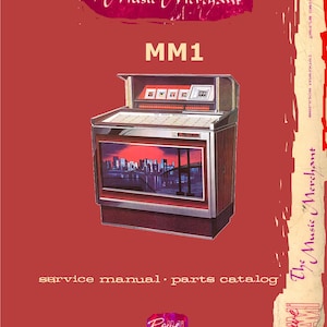 May include: A red service manual and parts catalog for the Rowe AMI Music Merchant MM1 jukebox. The cover features a vintage illustration of the jukebox with a cityscape in the background.
