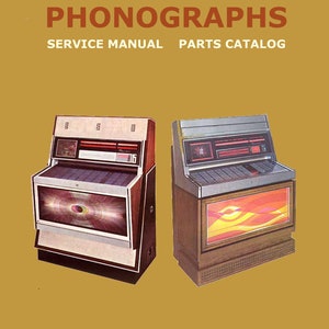 Könnte beinhalten: Ein Vintage-Servicehandbuch und Teilekatalog von Rowe International für die Phonographen MM-3 und MM-4. Das Cover zeigt Illustrationen der beiden Modelle, beide im Retro-Design.