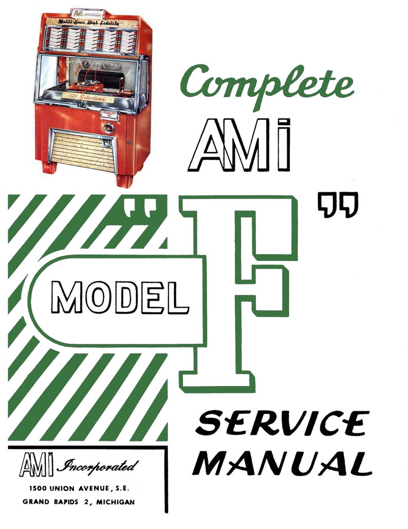 May include: A red and white vintage jukebox with the text "All music" and "Model F" on the front. The jukebox is labeled "Complete AMI Service Manual".
