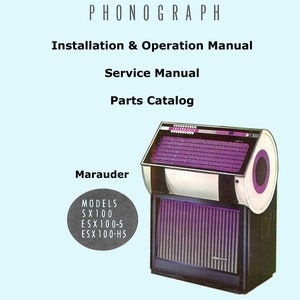 Puede incluir: Un tocadiscos vintage Seeburg Marauder con un esquema de color morado y negro. El tocadiscos tiene un altavoz grande y un panel de selección con botones. Los números de modelo son SX100, ESX100-5 y ESX 100-H5.