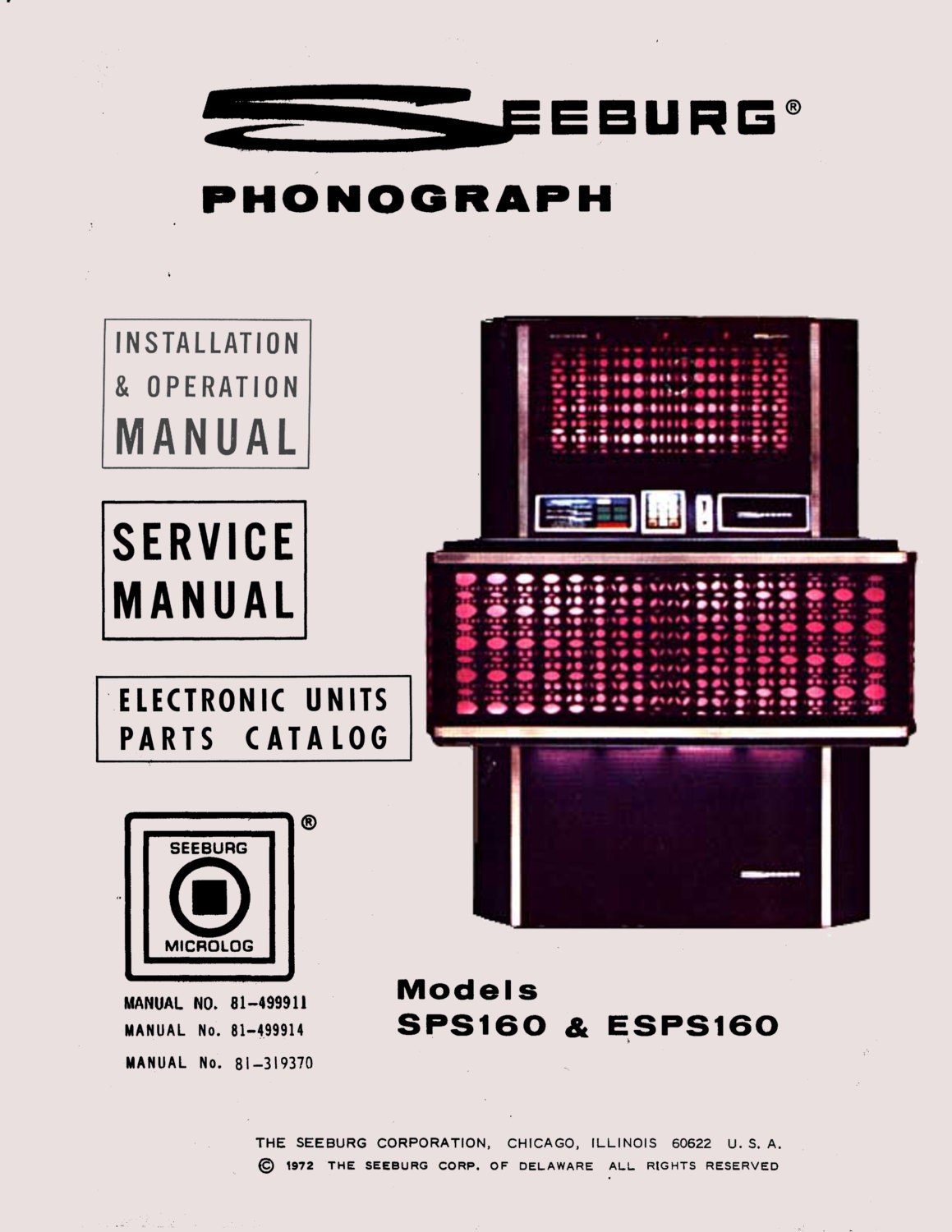 Jukebox SEEBURG Manual High Resolution Instant Pdf. Models SPS 160 and