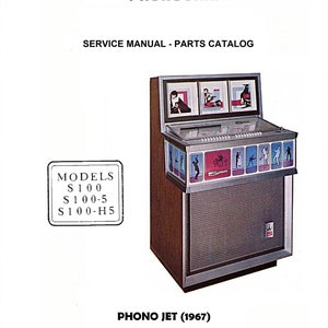 May include: A vintage Seeburg Phono Jet jukebox from 1967. The jukebox is silver and brown with a glass top and a selection of colourful record covers. The jukebox is labelled "MODELS S100 S100-5 S100-H5" and "PHONO JET (1967)".
