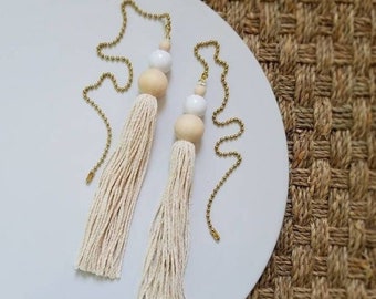 Macrame Medium White Bead Natural / Beige Tassel Fan and Light Pull Boho Style
