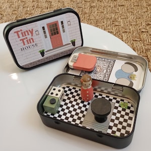 Tiny Tin House Pocket Travel Toy Set - Hand-Painted Peg Dolls and Wooden Furniture in Metal Tin - Small Travel Toy for Kids Quiet Toy