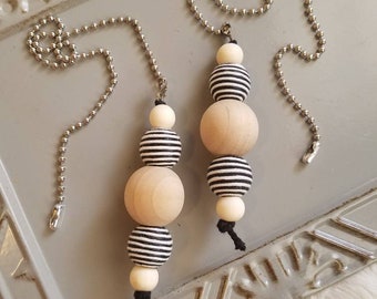 Small Black and White Striped Wood Bead Fan and Light Pull