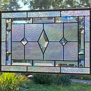 Stained Glass Panel / Diamond Bevels / Clear Iridescent Glass / Geometric Design