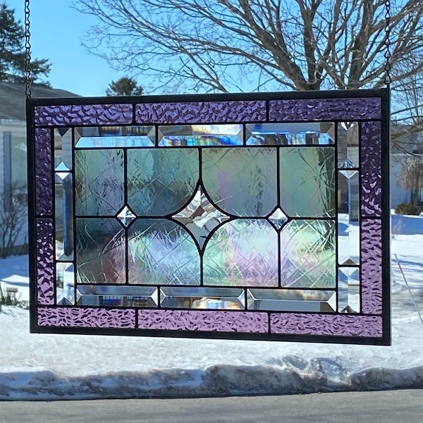 Stained Glass Panel / Lavender Wissmach Border with Clear Star Bevels