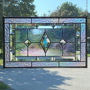 Stained Glass Panel / Blue Glue Chip Diamond Bevels / Clear Iridescent Glass / Geometric Design