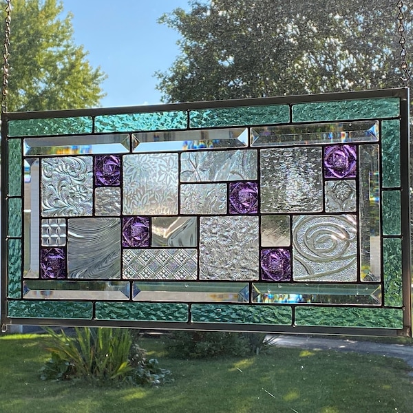 Seafoam Green Stained Glass Window Panel: Geometric Abstract Design