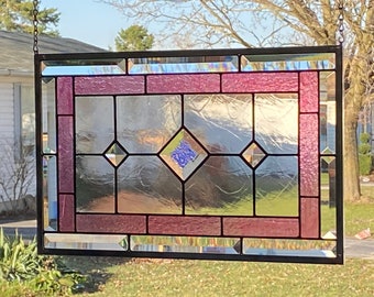 Stained Glass Panel / Dichroic Diamond Bevel with Bevel Border / Cranberry Glass