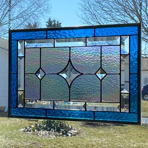 Stained Glass Panel / Deep Aqua Border / Star Bevel with Iridescent Glass