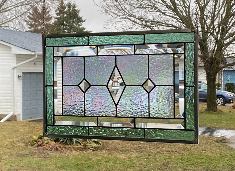 Stained Glass Panel / Seafoam Green Border with Clear Diamond Bevels image 8