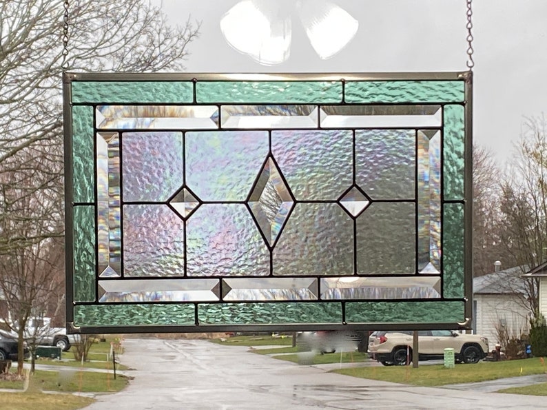 Stained Glass Panel / Seafoam Green Border with Clear Diamond Bevels image 7