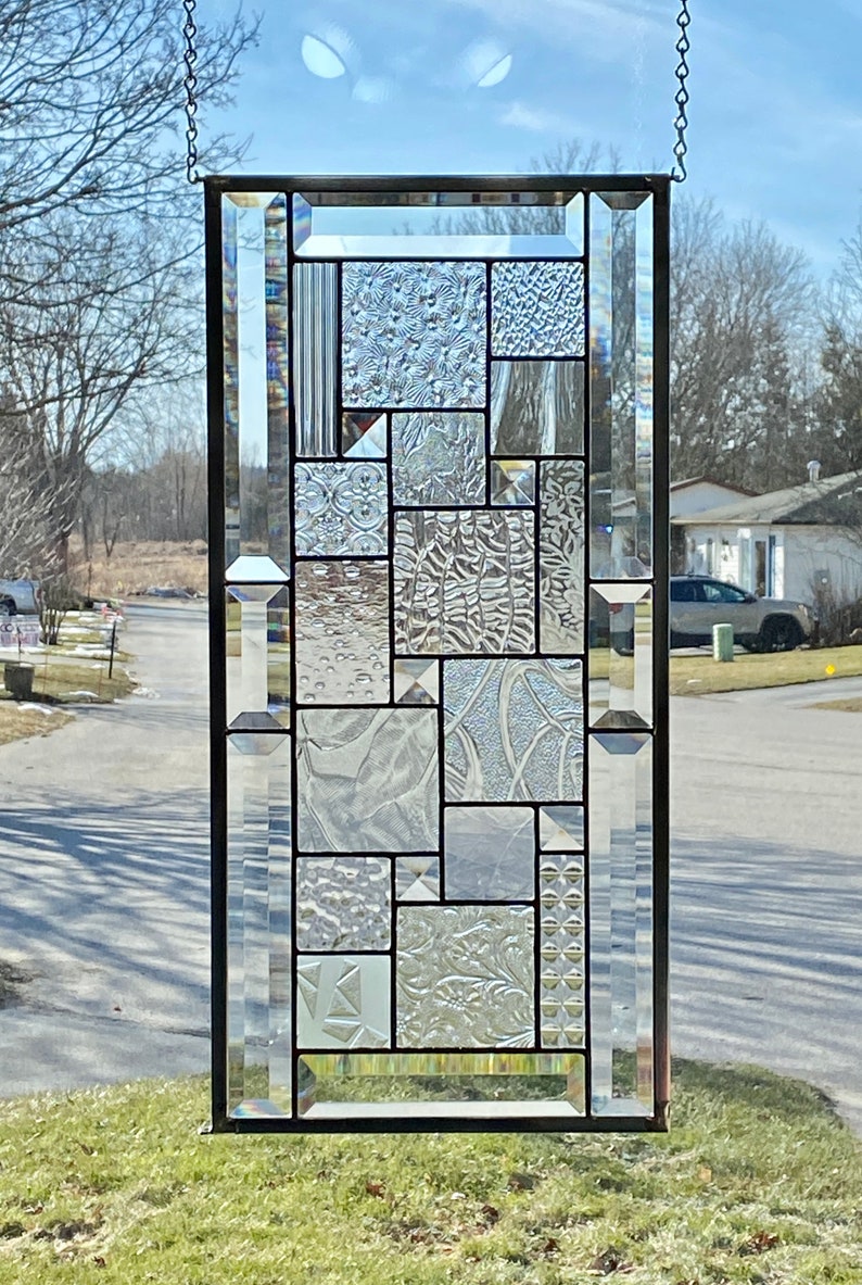 Stained Glass Panel With Beveled Border / Clear Stained Glass Panel / Stained Glass Window / Geometric Design image 5