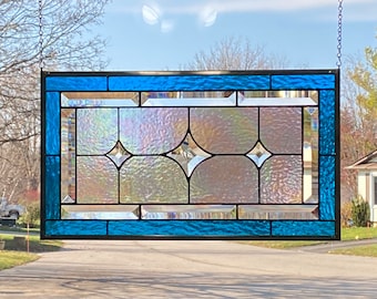 Stained Glass Panel / Deep Aqua Border / Star Bevel with Iridescent Glass