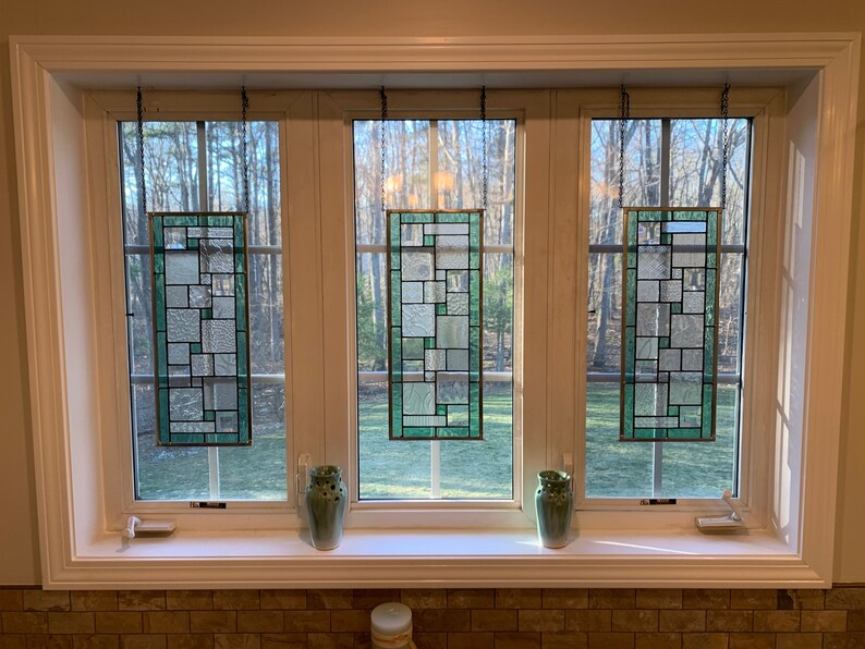 Stained Glass Panel With Seafoam Green Border / Stained Glass Etsy