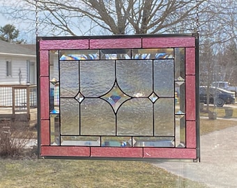 Stained Glass Panel / Cranberry Glass with Star Bevels