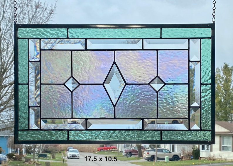 Stained Glass Panel / Seafoam Green Border with Clear Diamond Bevels image 3