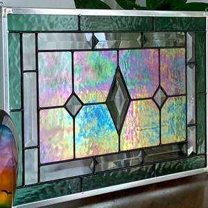 Stained Glass Panel / Seafoam Green Border with Clear Diamond Bevels image 9