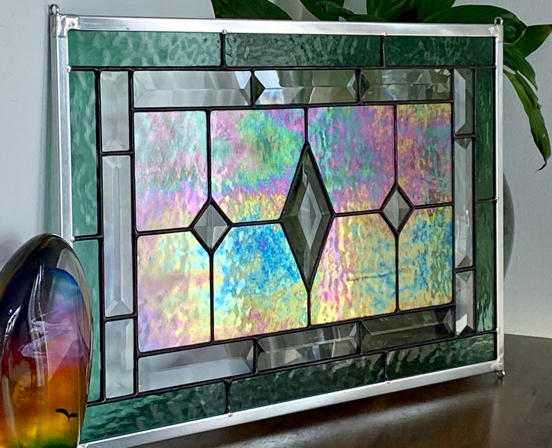 Stained Glass Panel / Seafoam Green Border with Clear Diamond Bevels image 9