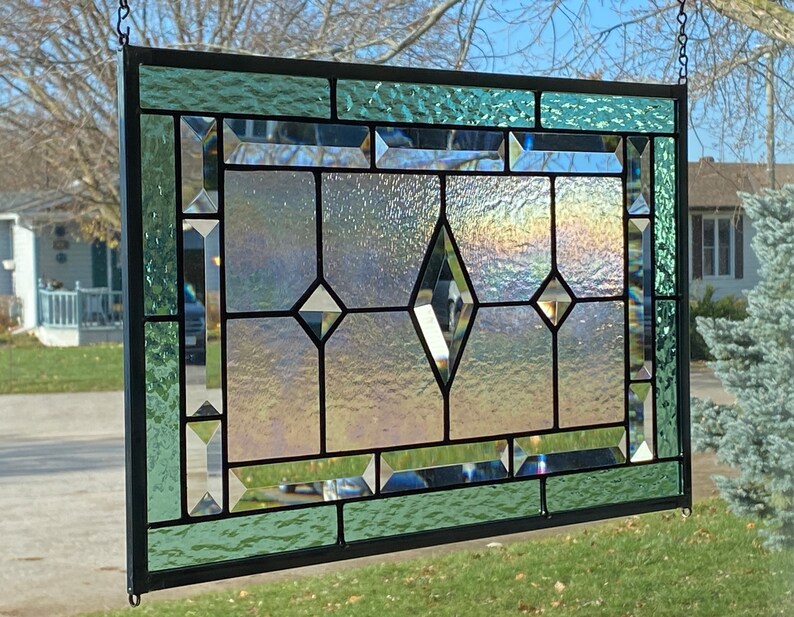 Stained Glass Panel / Seafoam Green Border with Clear Diamond Bevels image 5