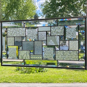 Geometric Stained Glass Window Panel: Textured Clear Glass, Beveled Accents
