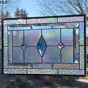 Stained Glass Panel  / Blue Diamond Bevels / Clear Iridescent Glass / Geometric Design