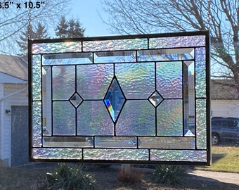 Stained Glass Panel  / Blue Diamond Bevels / Clear Iridescent Glass / Geometric Design