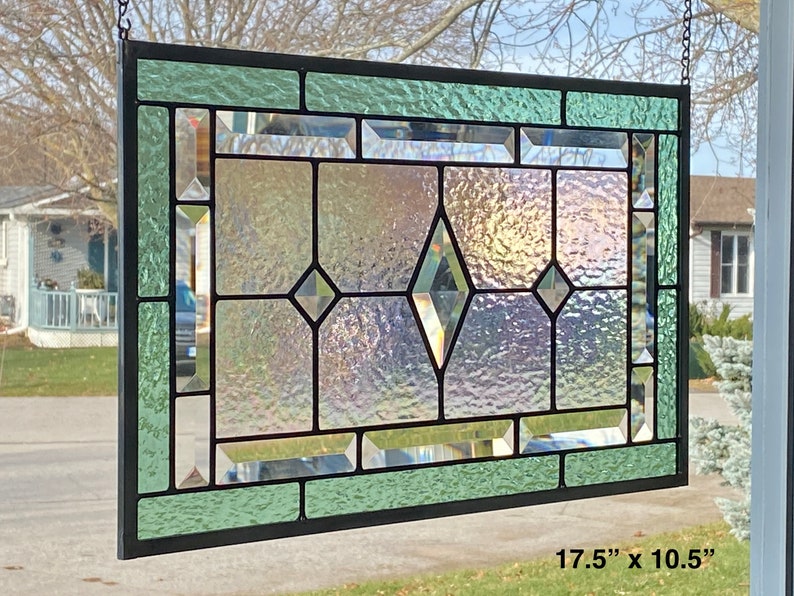 Stained Glass Panel / Seafoam Green Border with Clear Diamond Bevels image 4