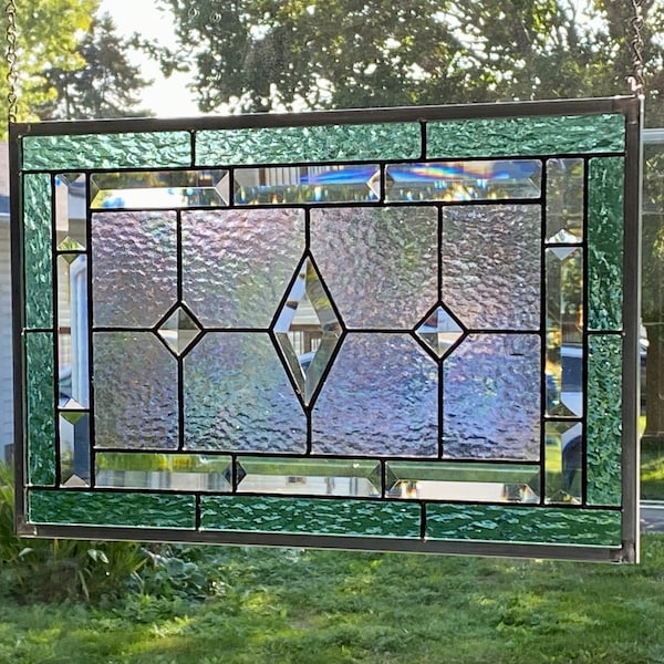 Stained Glass Panel / Seafoam Green Border with Clear Diamond Bevels