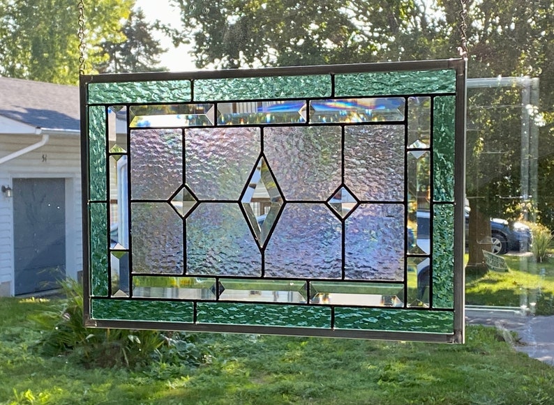 Stained Glass Panel / Seafoam Green Border with Clear Diamond Bevels image 1