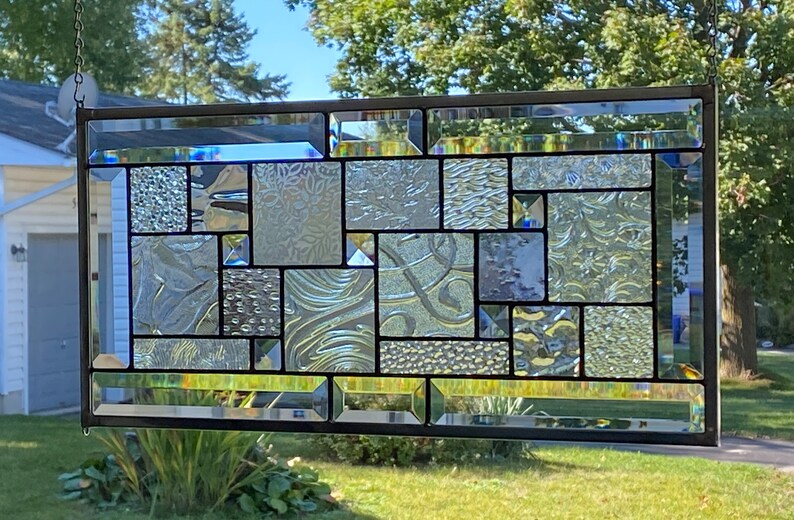 Stained Glass Panel With Beveled Border / Clear Stained Glass Panel / Stained Glass Window / Geometric Design image 6