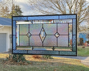 Stained Glass Panel / Pale Blue Border with Diamond Bevels