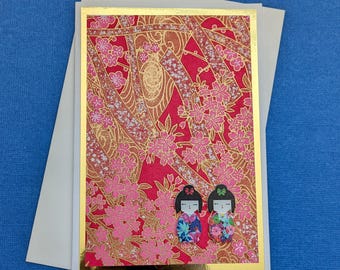 Chiyogami Japanese All Occasion Card, All Purpose Card, Blank Card with Geisha Girl Detail, FREE SHIPPING