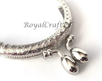 Metal purse frame with sewing holes 8.5 8,5 cm 3.35 inches, silver, round coin purse frame, engraved purse frame, decorated purse frame