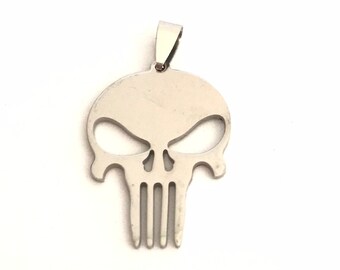 Skull pendant, silver stainless steel, 34 mm skeleton head, halloween jewelry, goth charm, death head pendant, cranium charm for necklace