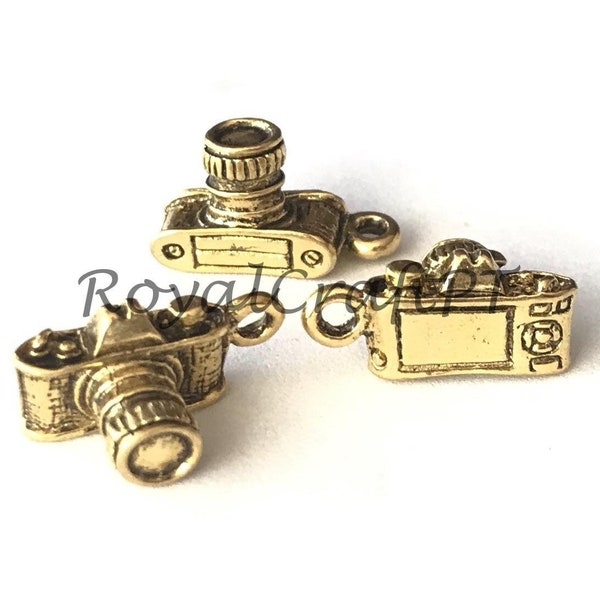 3x goldene Fotokamera-Charms, Kameraschmuck, Fotografen-Charms, Bilder-Charms, antike Kamera-Charms, Reiseanhänger, Erinnerungen