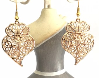 1 Pair of Portuguese filigree gold earrings, 3,5 cm, viana&#39;s heart earrings, portuguese jewelry, filigree supplies, flower earrings, love
