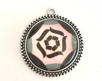 Glass tile pendant, azulejo, portuguese tile like pendants, flower pendant, pink rose cabochon, talavera jewelry, necklace pendant