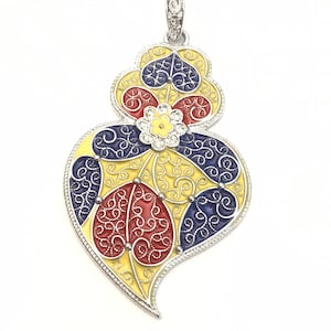 Pendentif filigrane en argent, jaune, rouge et bleu, pendentif portugais 7,9 cm, cœur de Viana, cœur de Viana, Portugal, collier portugais