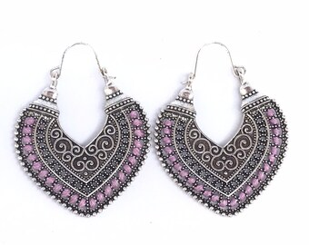 1 Pair of filigree earrings in silver and purple color, Viana's hearts, portuguese jewelry, traditional jewelry, heart of viana, Portugal