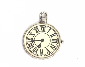 Clock pocket watch pendant silver white 40 mm charm findings supplies necklace